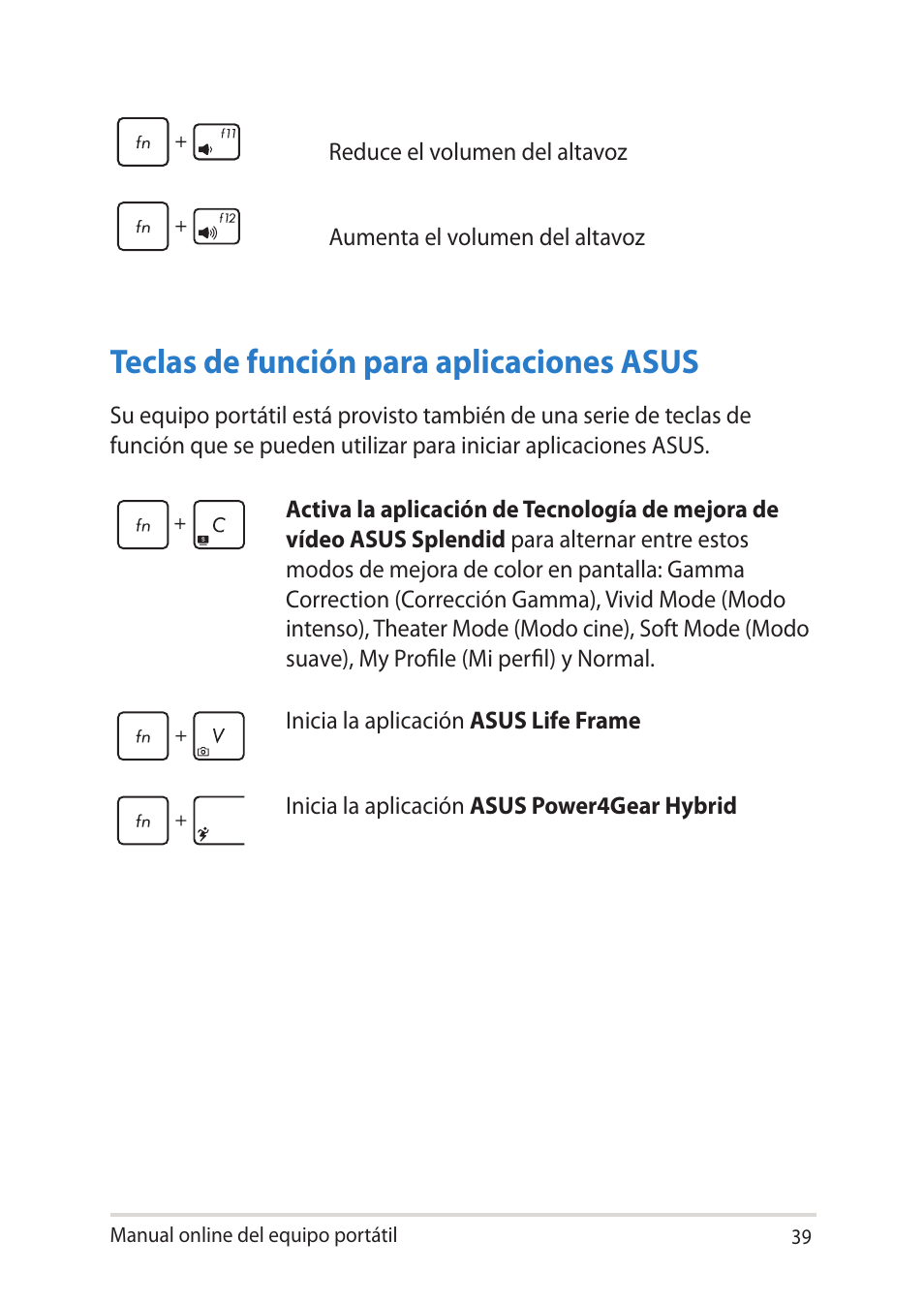 Teclas de función para aplicaciones asus | Asus V451LN User Manual | Page 39 / 136
