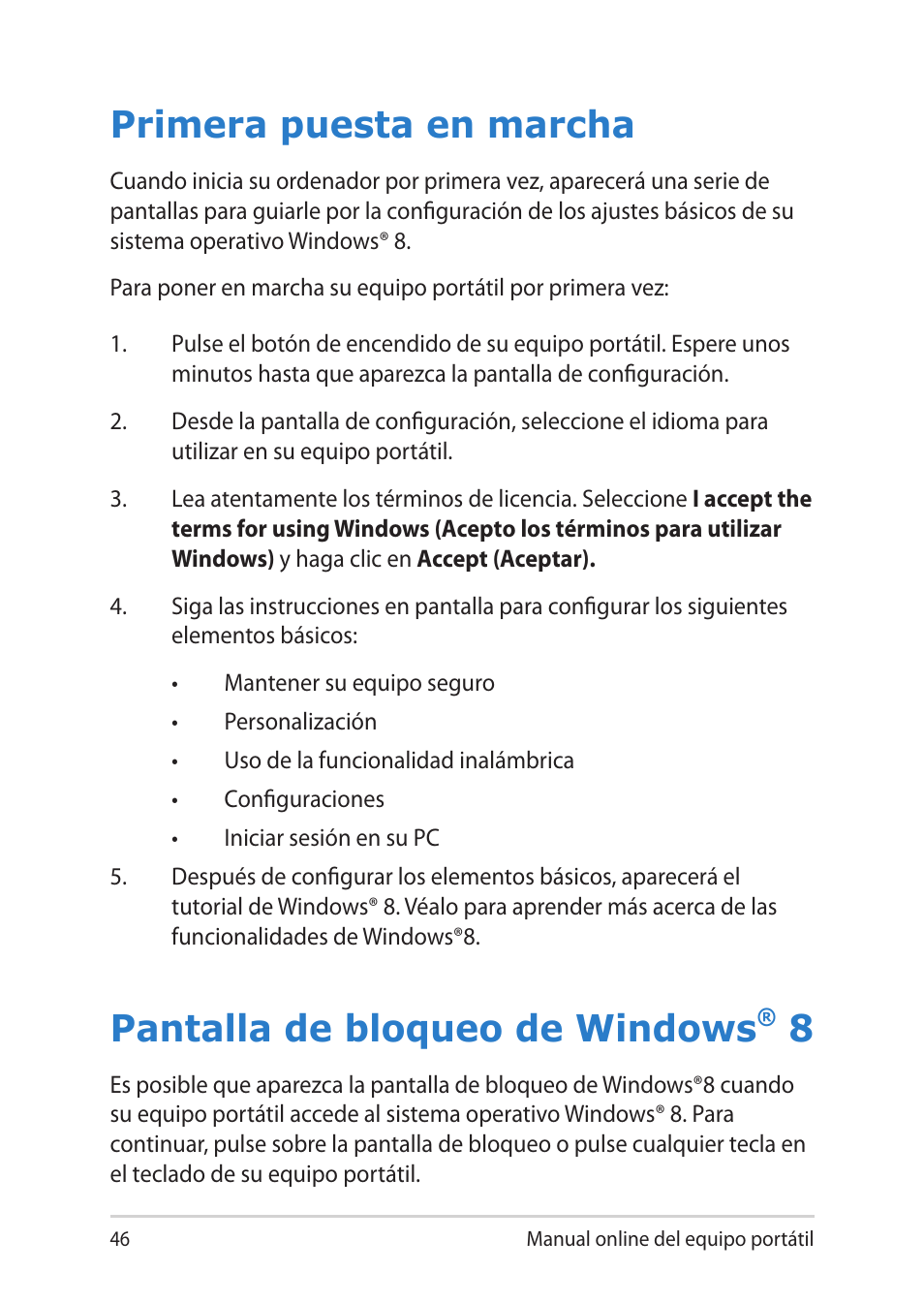 Primera puesta en marcha, Pantalla de bloqueo de windows® 8, Pantalla de bloqueo de windows | Asus V451LN User Manual | Page 46 / 136