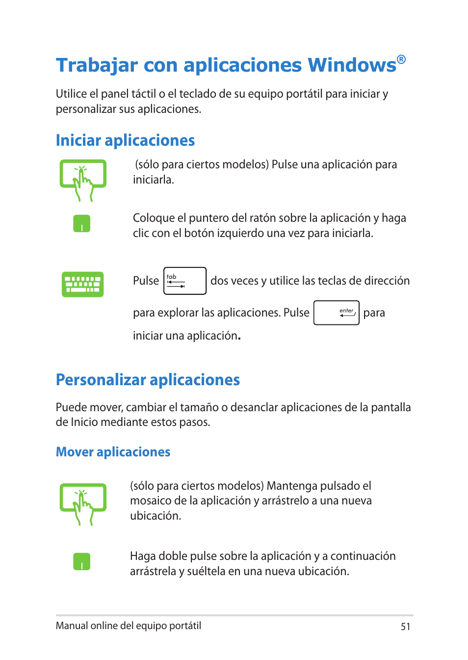 Trabajar con aplicaciones windows, Iniciar aplicaciones, Personalizar aplicaciones | Iniciar aplicaciones personalizar aplicaciones | Asus V451LN User Manual | Page 51 / 136