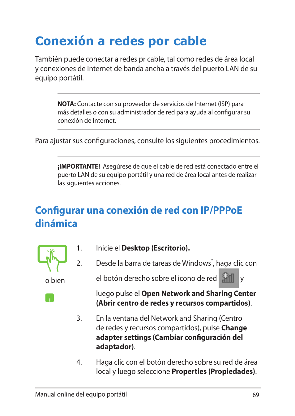 Conexión a redes por cable | Asus V451LN User Manual | Page 69 / 136