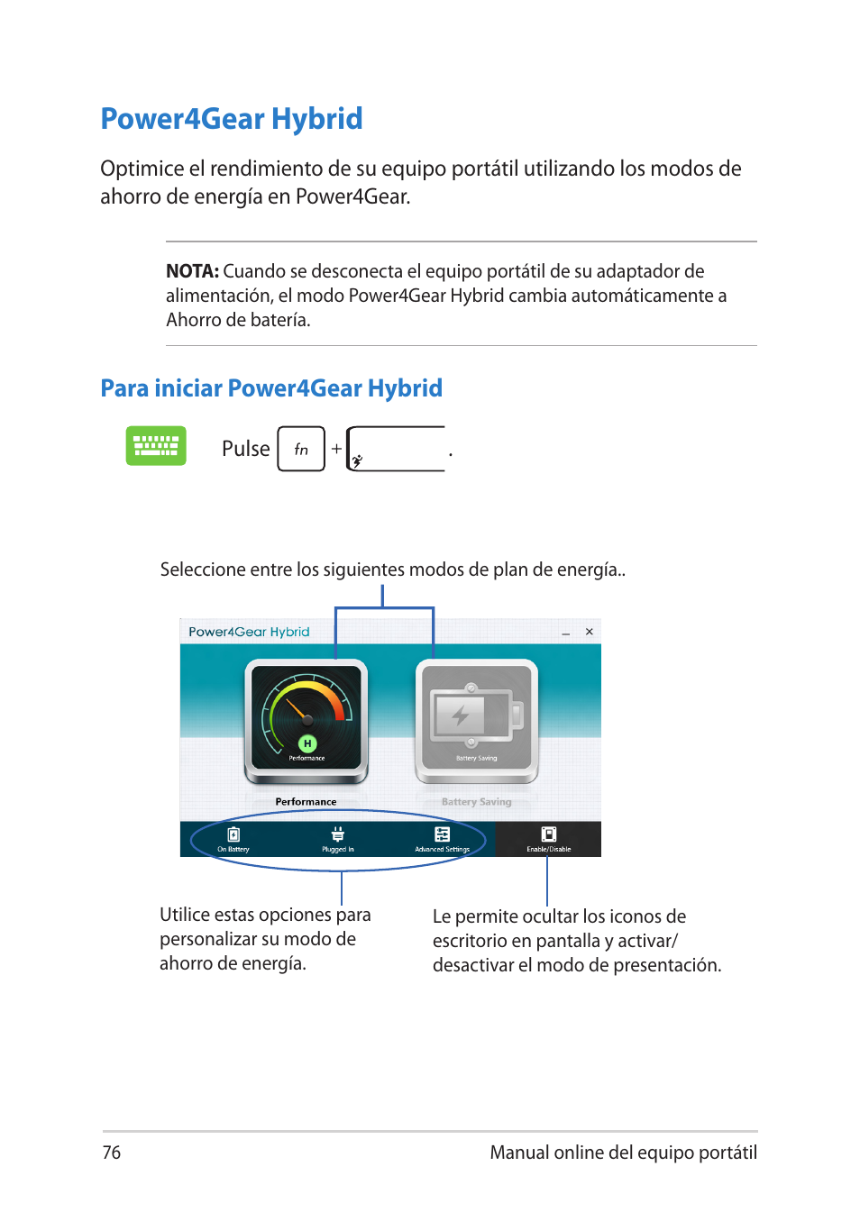 Power4gear hybrid, Para iniciar power4gear hybrid | Asus V451LN User Manual | Page 76 / 136