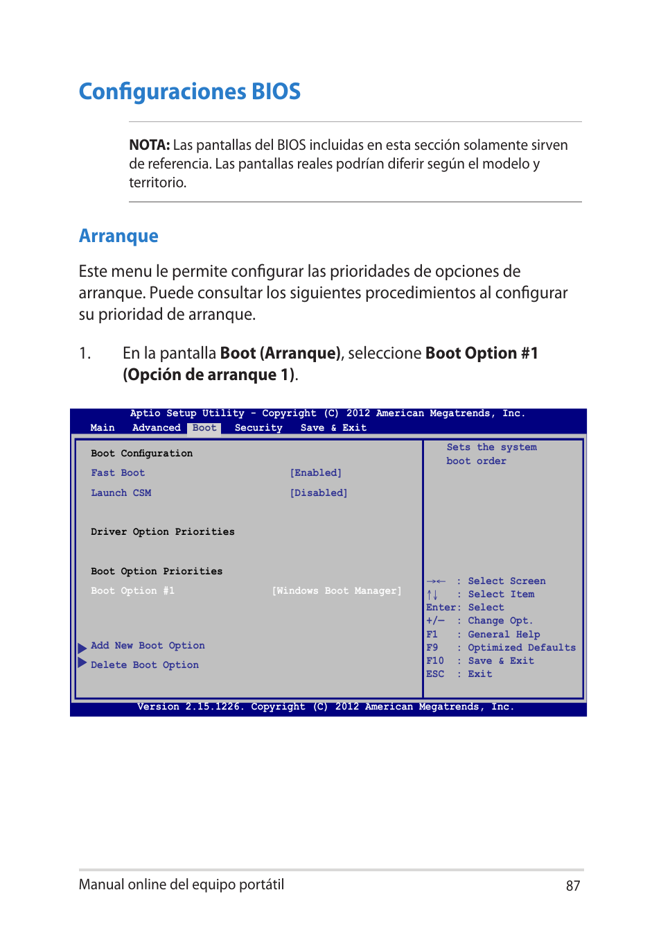 Configuraciones bios, Arranque | Asus V451LN User Manual | Page 87 / 136