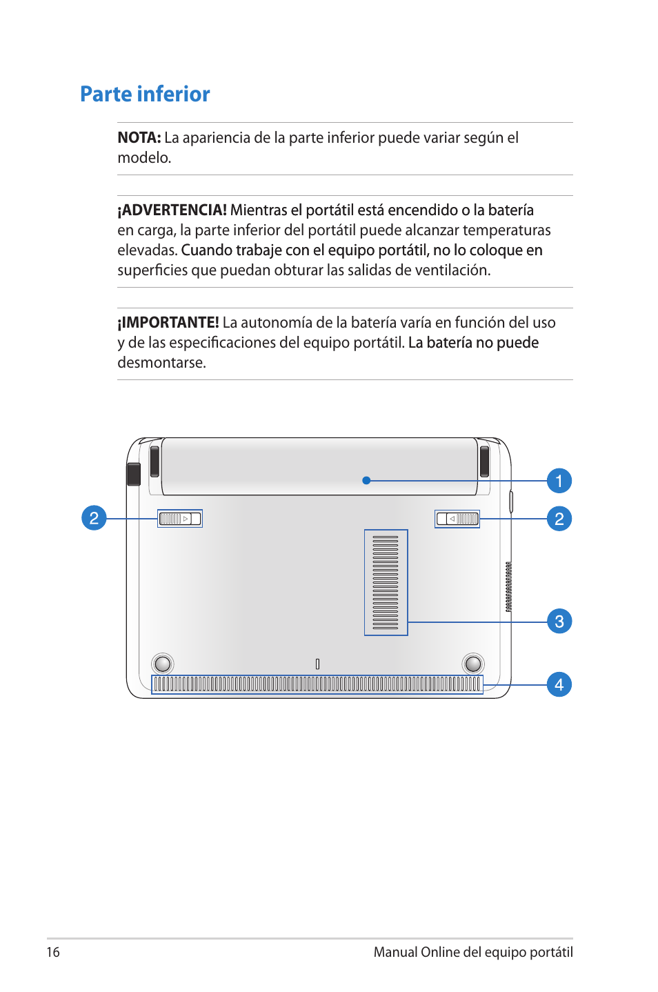 Parte inferior | Asus 1015E User Manual | Page 16 / 100