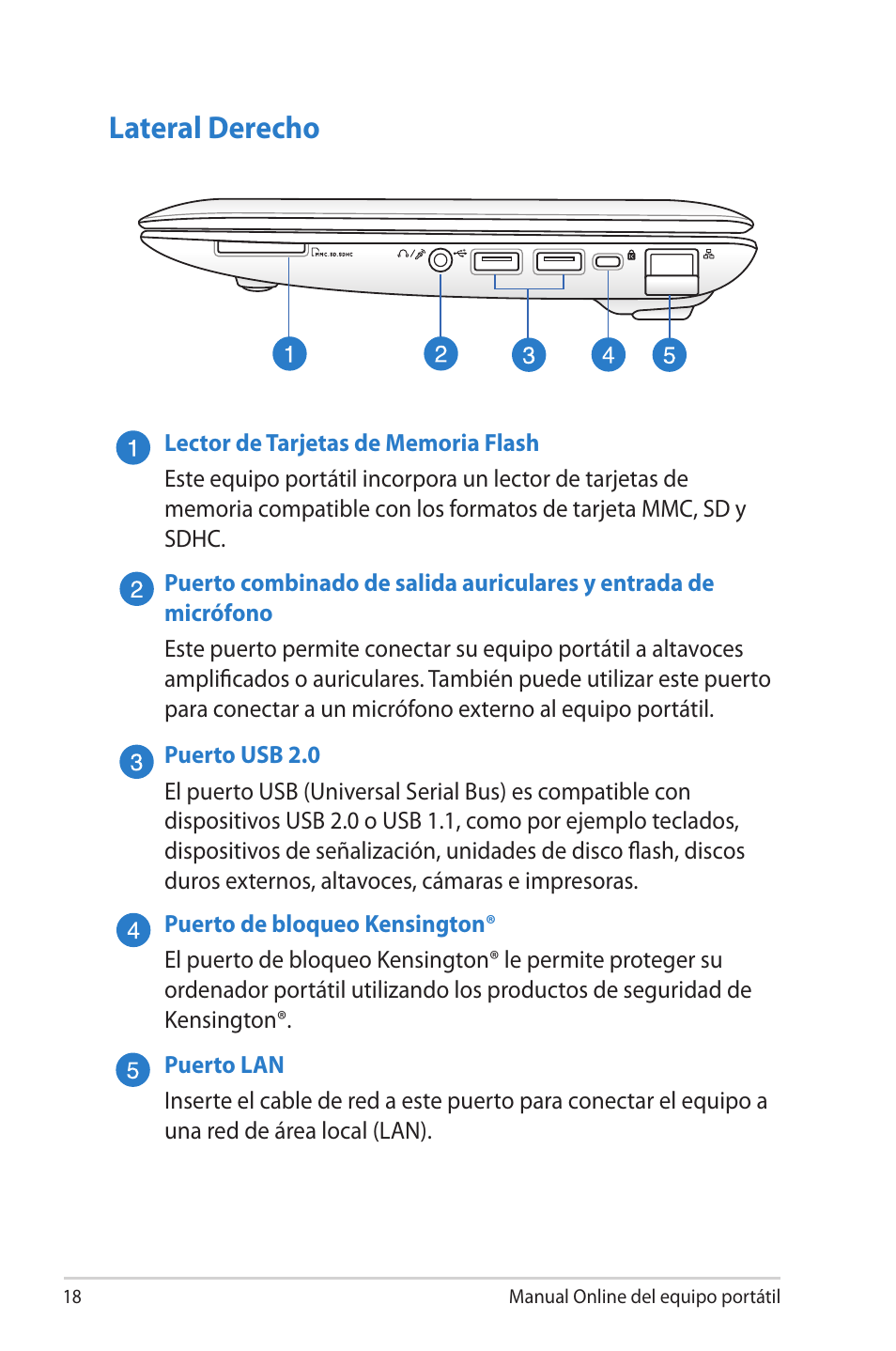 Lateral derecho | Asus 1015E User Manual | Page 18 / 100