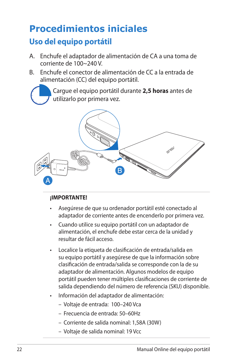 Procedimientos iniciales, Uso del equipo portátil | Asus 1015E User Manual | Page 22 / 100