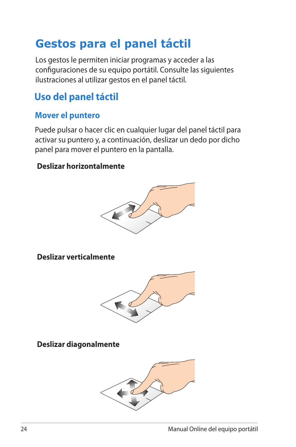 Gestos para el panel táctil, Uso del panel táctil | Asus 1015E User Manual | Page 24 / 100