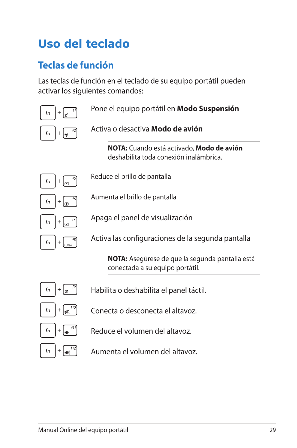 Uso del teclado, Teclas de función | Asus 1015E User Manual | Page 29 / 100