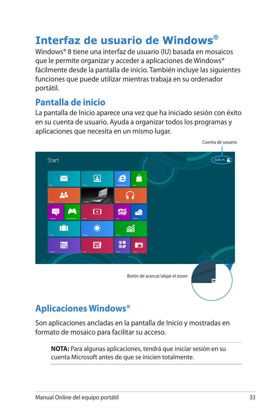 Interfaz de usuario de windows, Pantalla de inicio, Aplicaciones windows | Interfaz de usuario de windows windows | Asus 1015E User Manual | Page 33 / 100