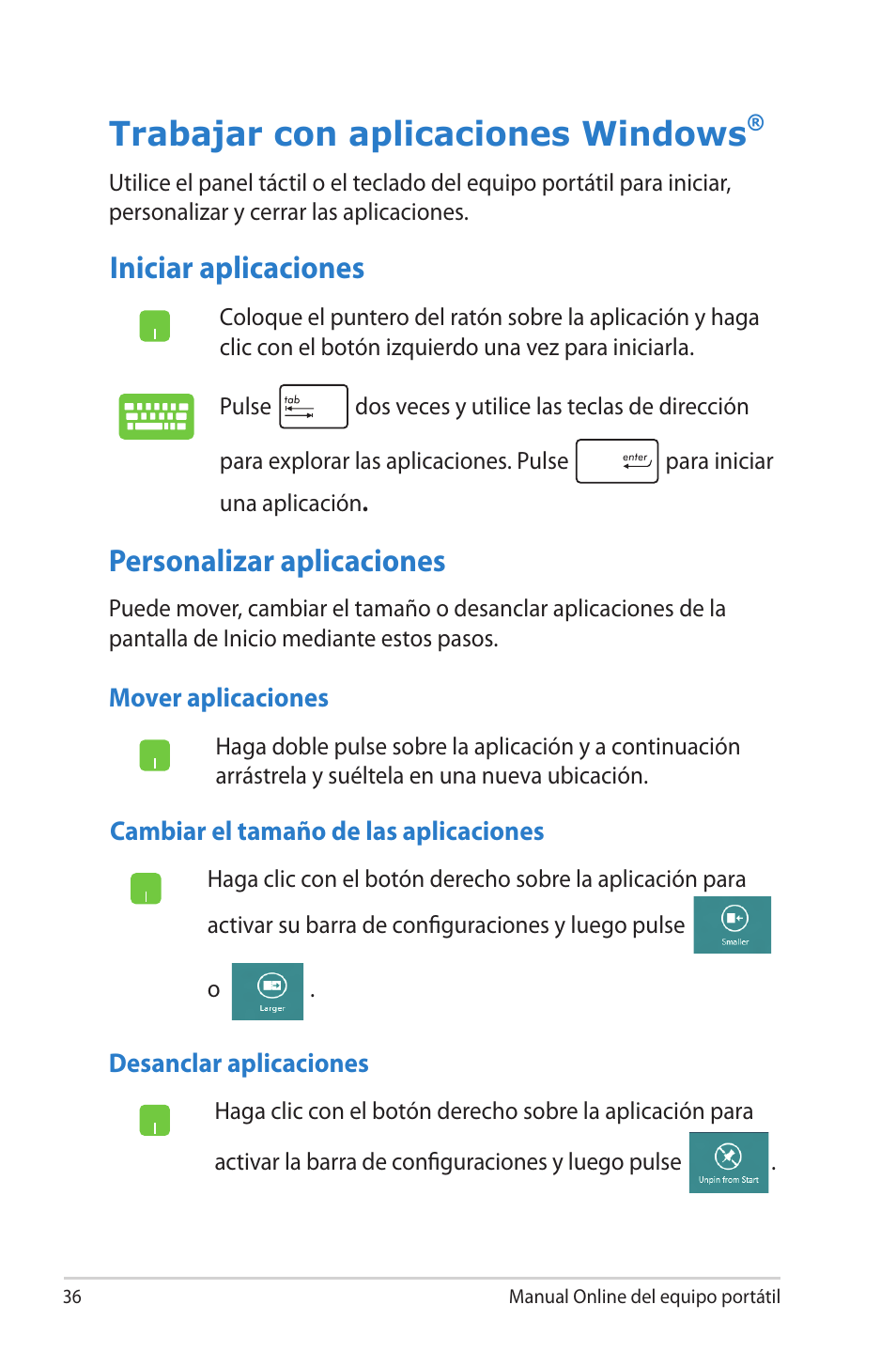 Trabajar con aplicaciones windows, Iniciar aplicaciones, Personalizar aplicaciones | Iniciar aplicaciones personalizar aplicaciones | Asus 1015E User Manual | Page 36 / 100