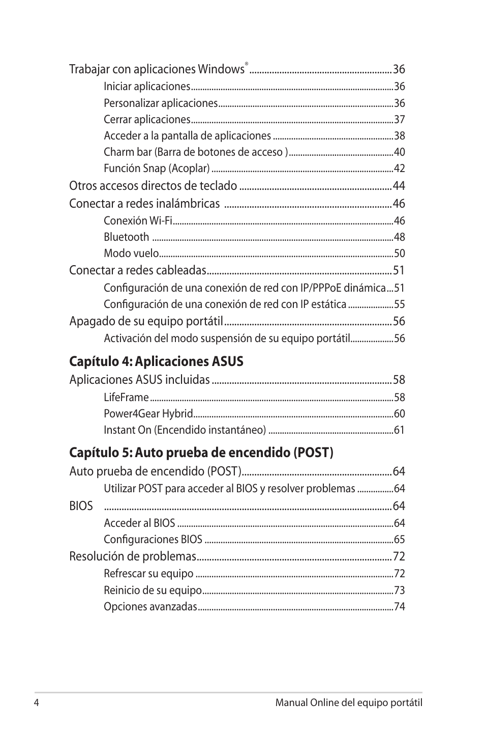 Capítulo 4: aplicaciones asus, Capítulo 5: auto prueba de encendido (post) | Asus 1015E User Manual | Page 4 / 100