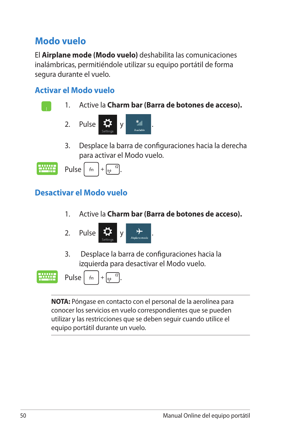 Modo vuelo | Asus 1015E User Manual | Page 50 / 100