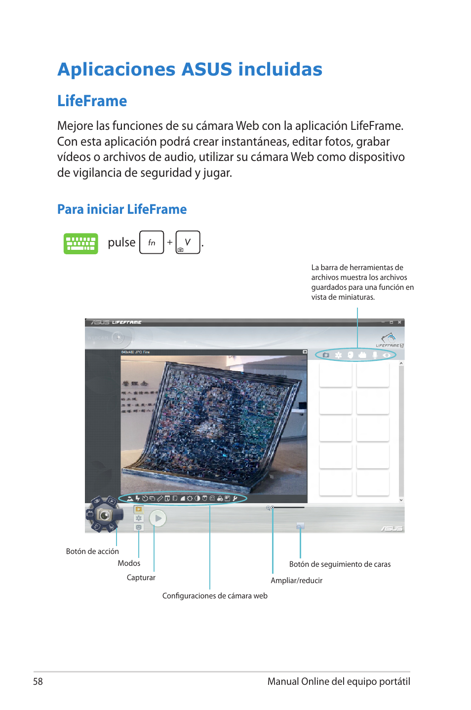 Aplicaciones asus incluidas, Lifeframe, Para iniciar lifeframe | Pulse | Asus 1015E User Manual | Page 58 / 100