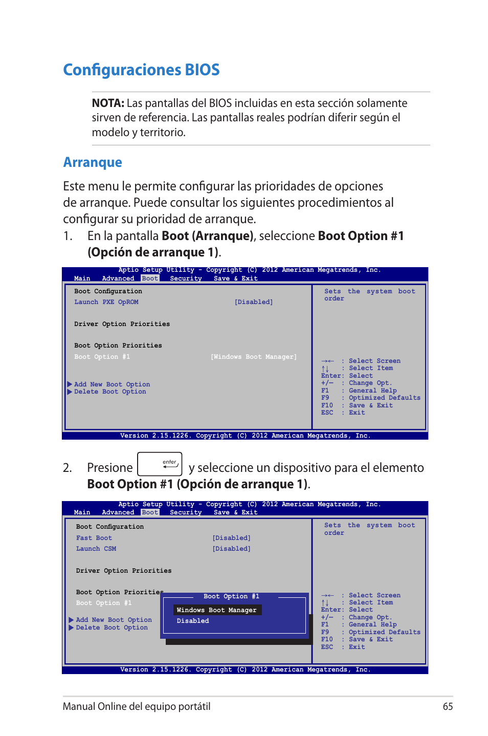 Configuraciones bios, Arranque, Manual online del equipo portátil 65 | Asus 1015E User Manual | Page 65 / 100