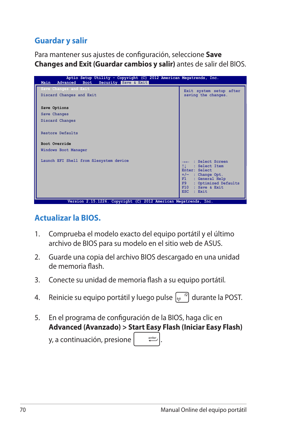 Guardar y salir, Actualizar la bios | Asus 1015E User Manual | Page 70 / 100