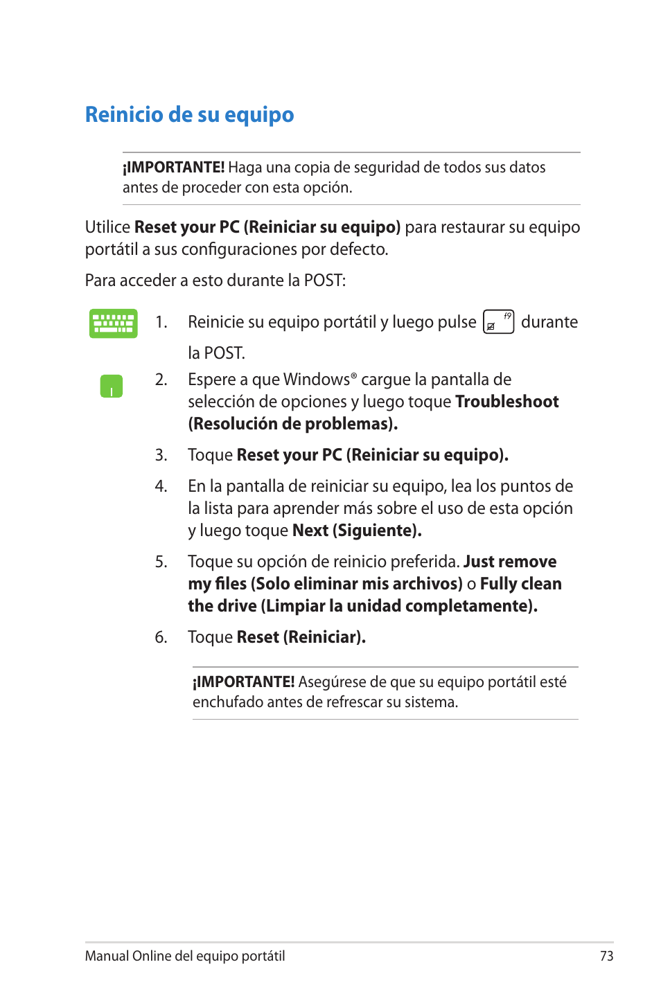Reinicio de su equipo | Asus 1015E User Manual | Page 73 / 100