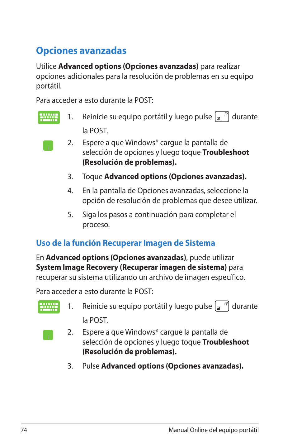 Opciones avanzadas | Asus 1015E User Manual | Page 74 / 100