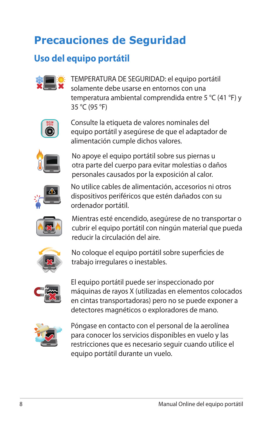 Precauciones de seguridad, Uso del equipo portátil | Asus 1015E User Manual | Page 8 / 100
