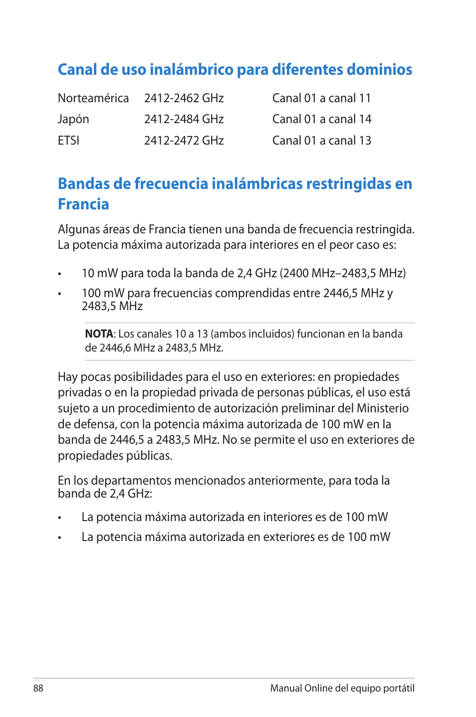 Canal de uso inalámbrico para diferentes dominios | Asus 1015E User Manual | Page 88 / 100