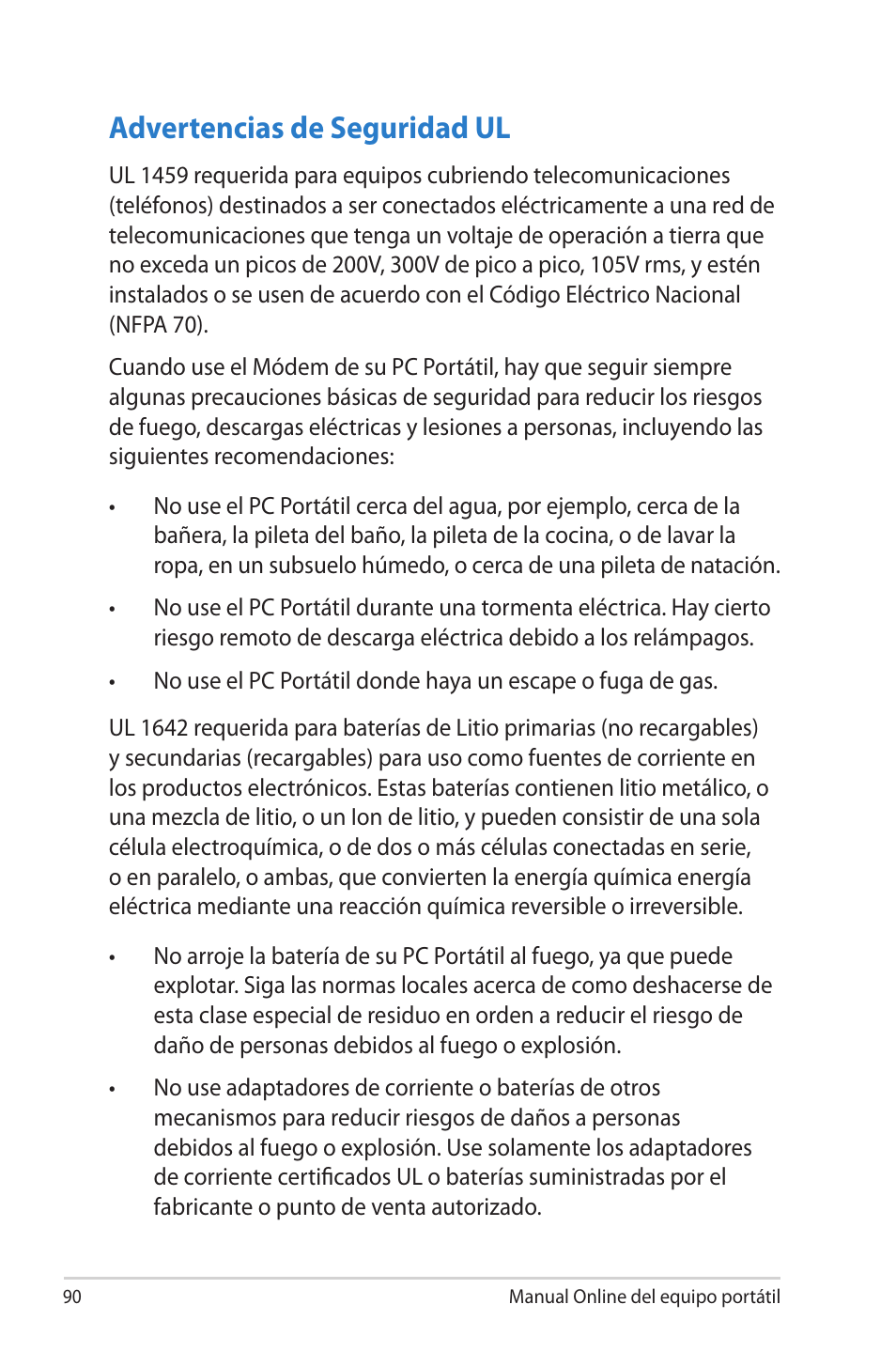 Advertencias de seguridad ul | Asus 1015E User Manual | Page 90 / 100