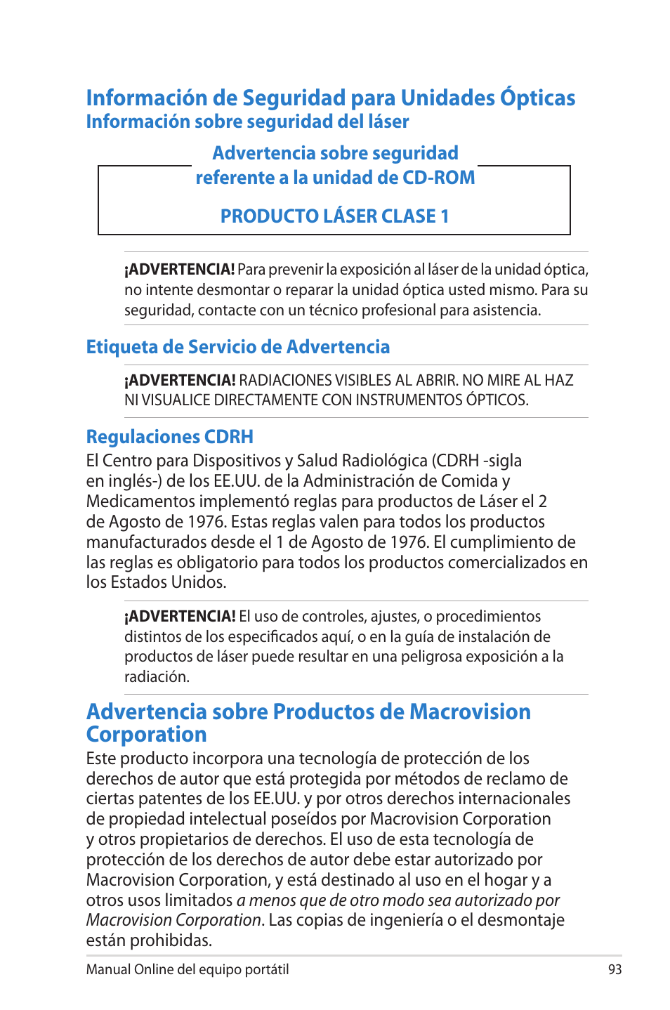 Información de seguridad para unidades ópticas | Asus 1015E User Manual | Page 93 / 100