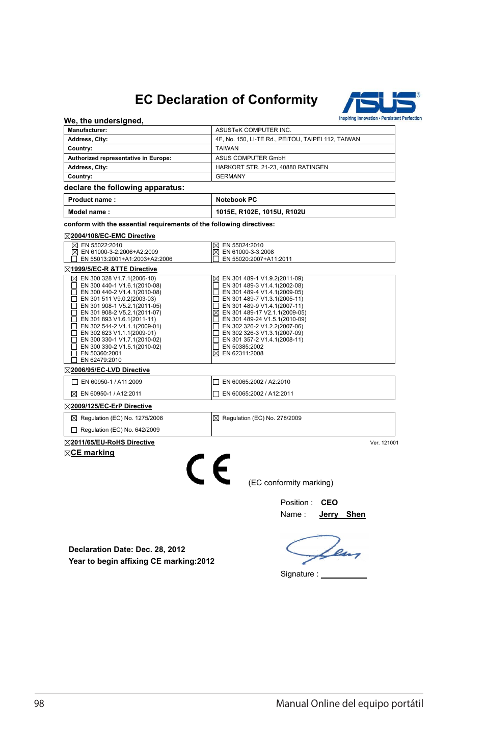 Ec declaration of conformity, 98 manual online del equipo portátil | Asus 1015E User Manual | Page 98 / 100