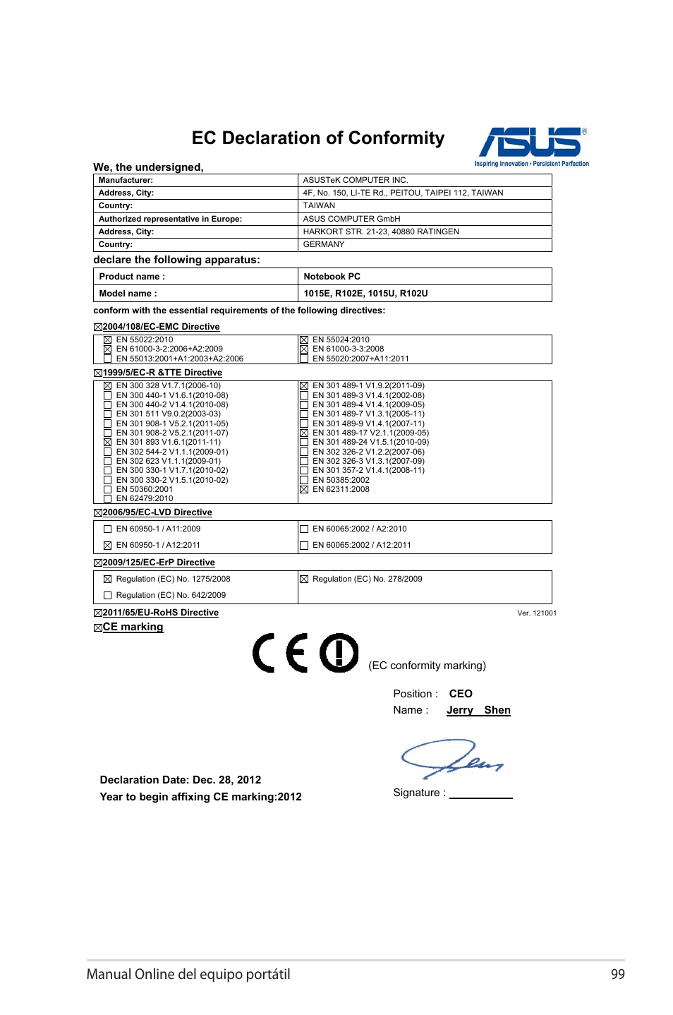 Ec declaration of conformity, Manual online del equipo portátil 99 | Asus 1015E User Manual | Page 99 / 100