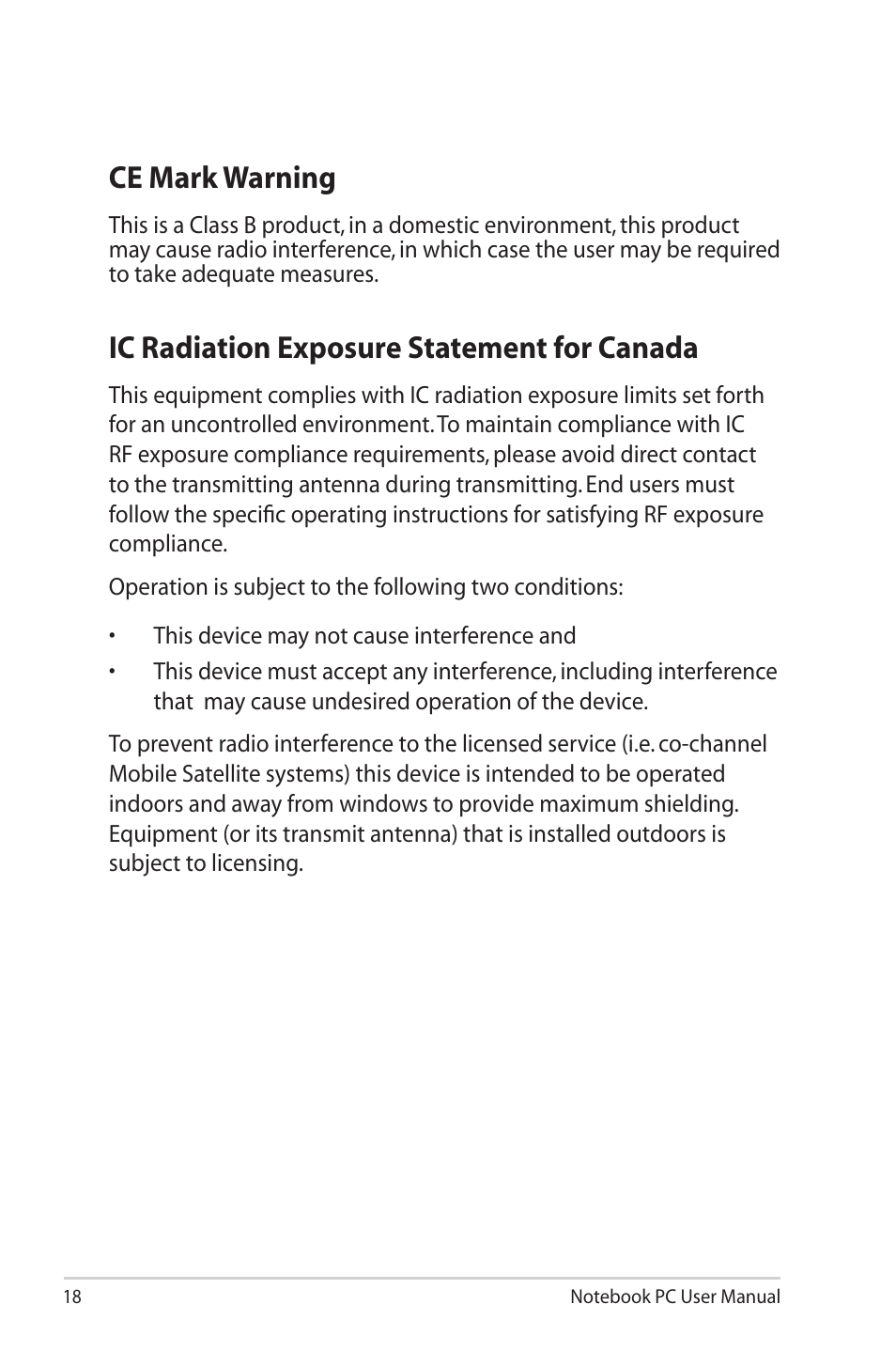 Ce mark warning, Ic radiation exposure statement for canada | Asus UL30VT User Manual | Page 18 / 26