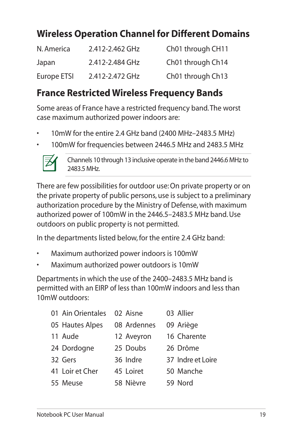 Wireless operation channel for different domains, France restricted wireless frequency bands | Asus UL30VT User Manual | Page 19 / 26