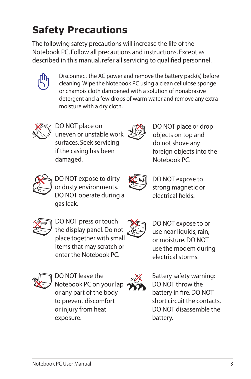 Safety precautions | Asus UL30VT User Manual | Page 3 / 26