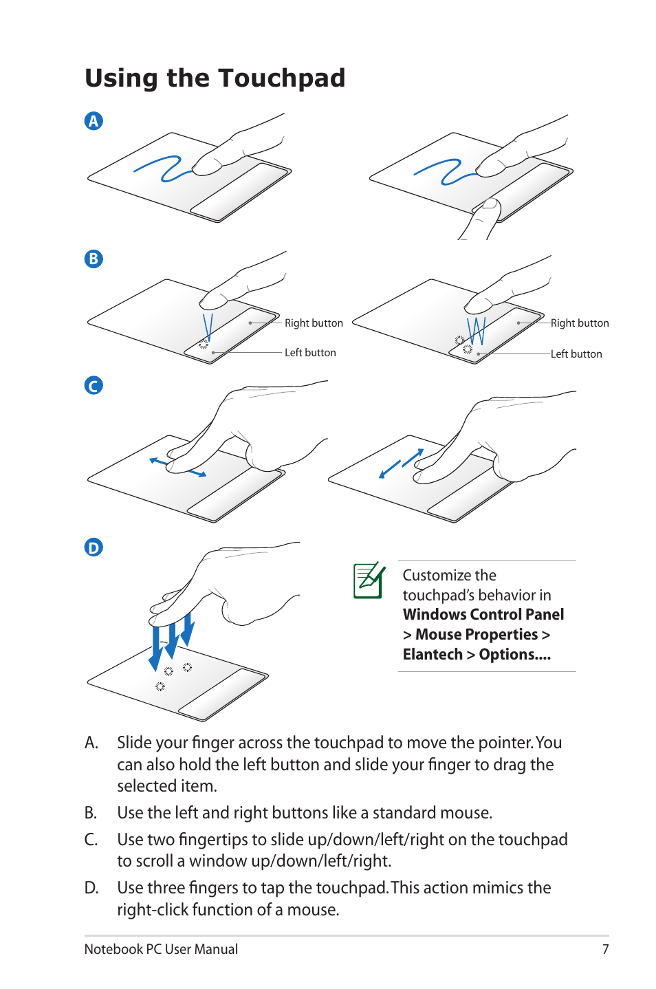 Using the touchpad | Asus UL30VT User Manual | Page 7 / 26