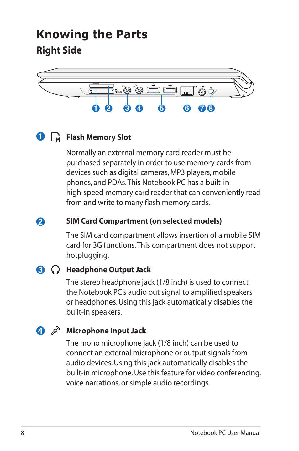 Knowing the parts, Right side | Asus UL30VT User Manual | Page 8 / 26