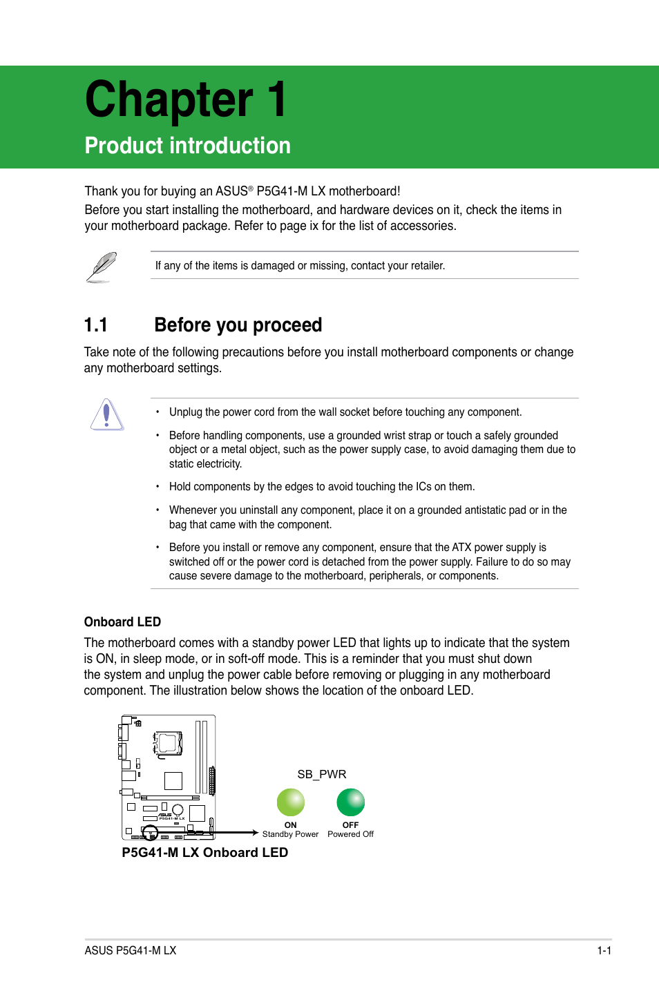 Chapter 1, Product introduction, 1 before you proceed | Before you proceed -1 | Asus P5G41-M LX User Manual | Page 10 / 40