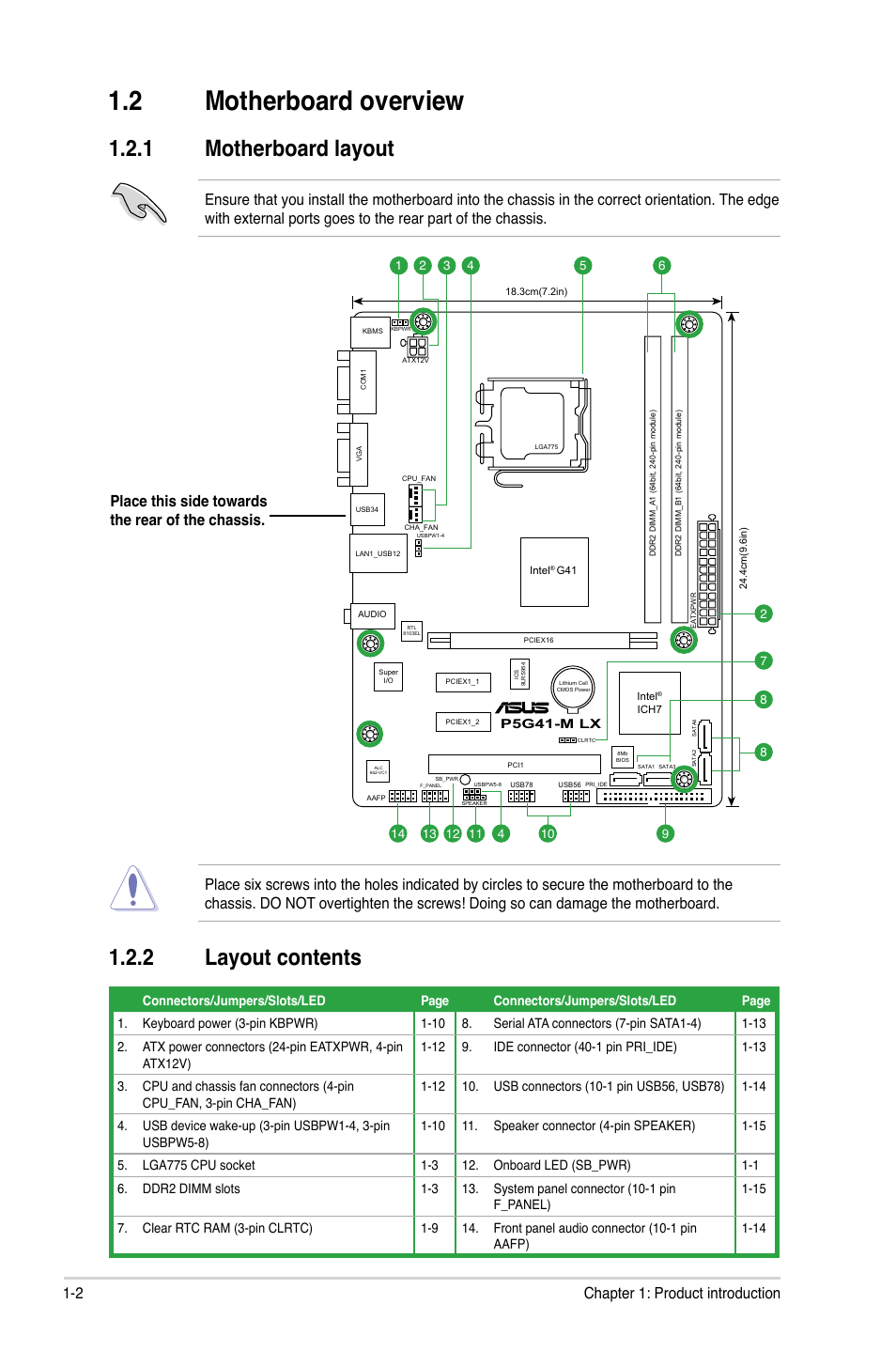 2 motherboard overview, 1 motherboard layout, 2 layout contents | Motherboard overview -2 1.2.1, Motherboard layout -2, Layout contents -2, 2 chapter 1: product introduction | Asus P5G41-M LX User Manual | Page 11 / 40