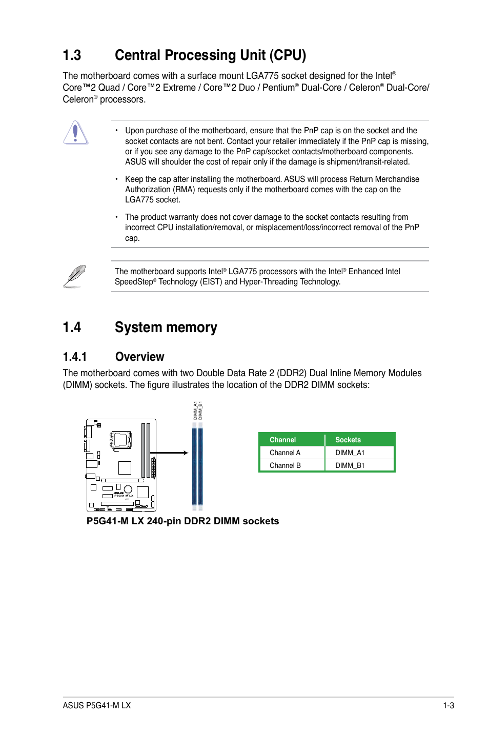 3 central processing unit (cpu), 4 system memory, 1 overview | Central processing unit (cpu) -3, System memory -3 1.4.1, Overview -3 | Asus P5G41-M LX User Manual | Page 12 / 40