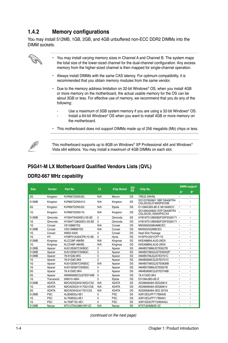 2 memory configurations, Memory configurations -4, Continued on the next page) | 4 chapter 1: product introduction, Os. - install a 64-bit windows, Xp professional x64 and windows | Asus P5G41-M LX User Manual | Page 13 / 40