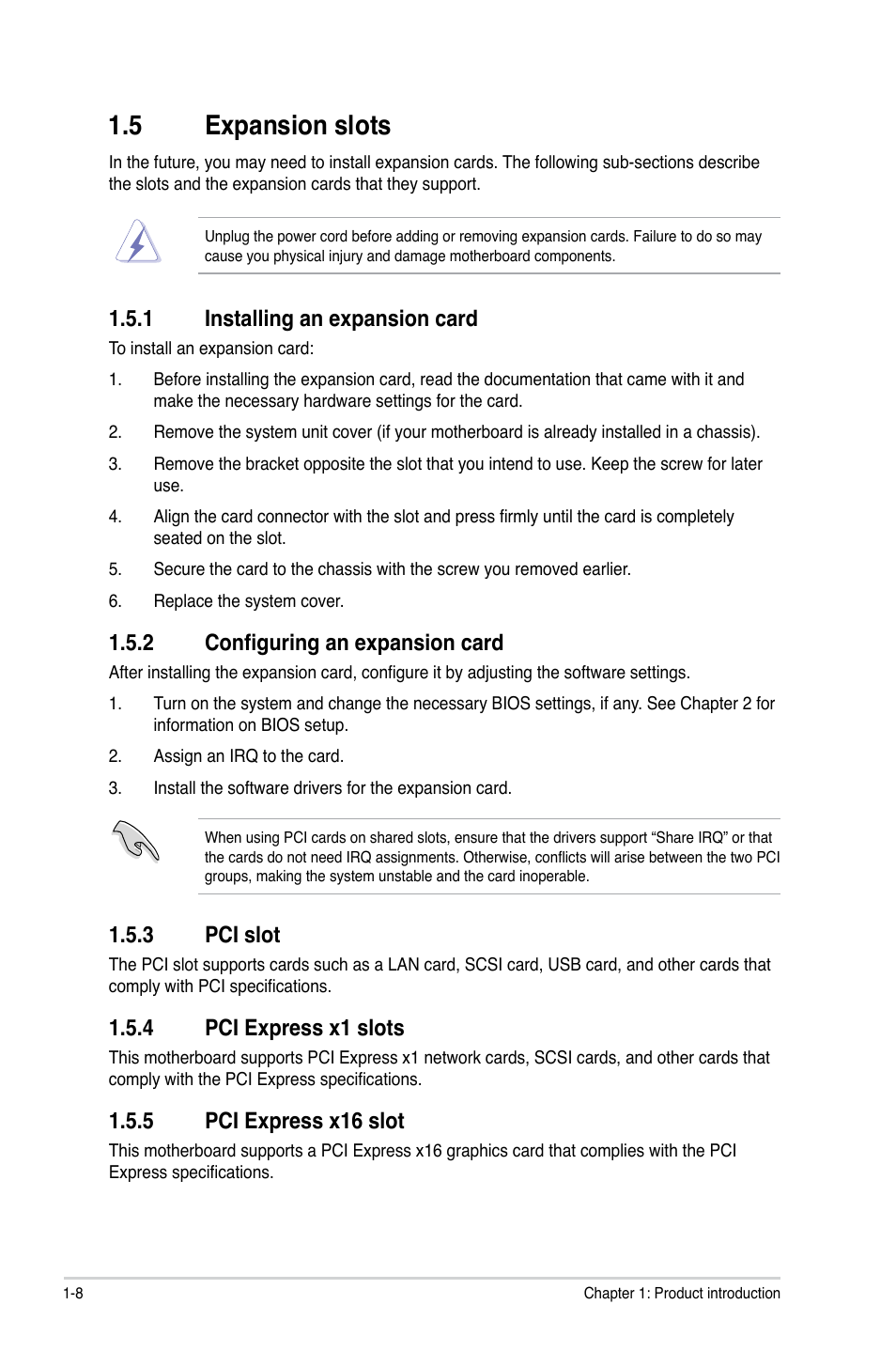 5 expansion slots, 1 installing an expansion card, 2 configuring an expansion card | 3 pci slot, 4 pci express x1 slots, 5 pci express x16 slot, Expansion slots -8 1.5.1, Installing an expansion card -8, Configuring an expansion card -8, Pci slot -8 | Asus P5G41-M LX User Manual | Page 17 / 40