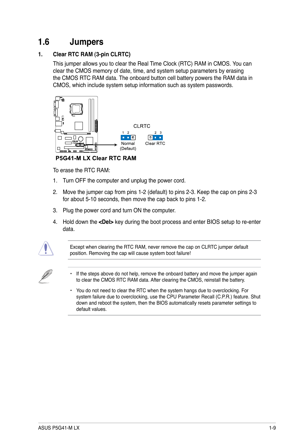 6 jumpers, Jumpers -9 | Asus P5G41-M LX User Manual | Page 18 / 40