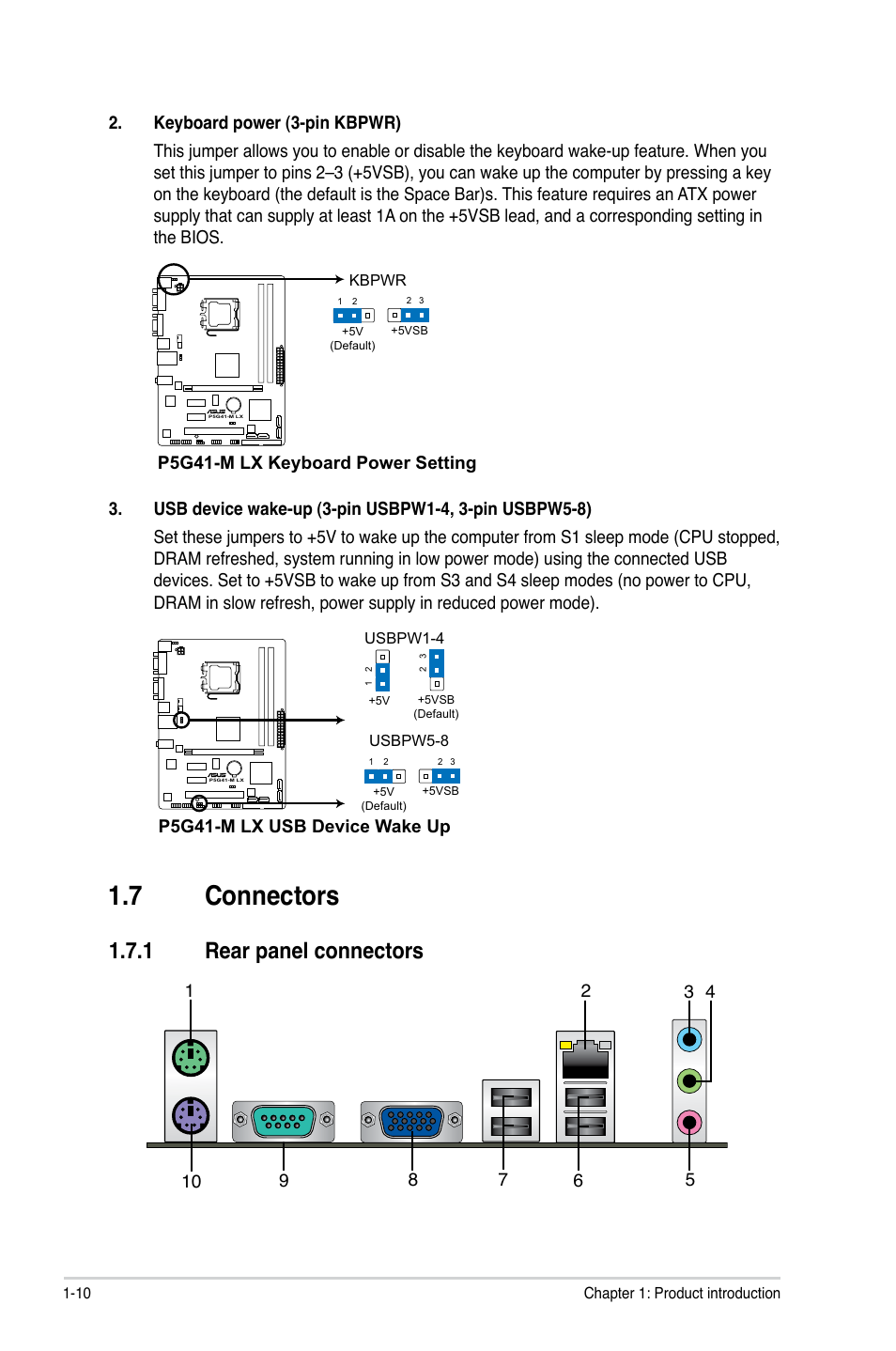 7 connectors, 1 rear panel connectors, Connectors -10 1.7.1 | Rear panel connectors -10 | Asus P5G41-M LX User Manual | Page 19 / 40