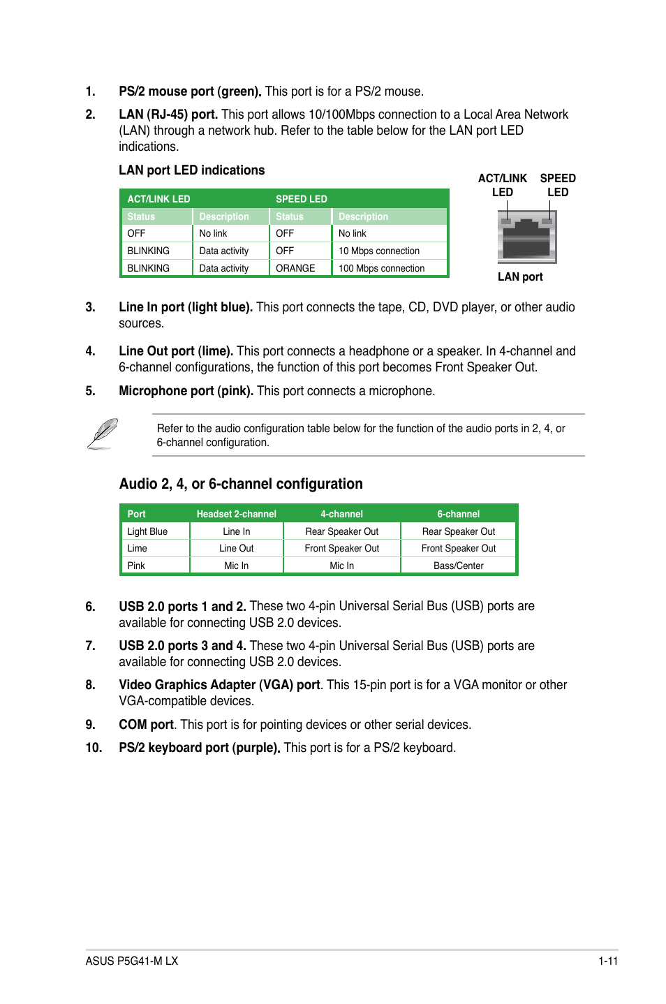 Audio 2, 4, or 6-channel configuration | Asus P5G41-M LX User Manual | Page 20 / 40