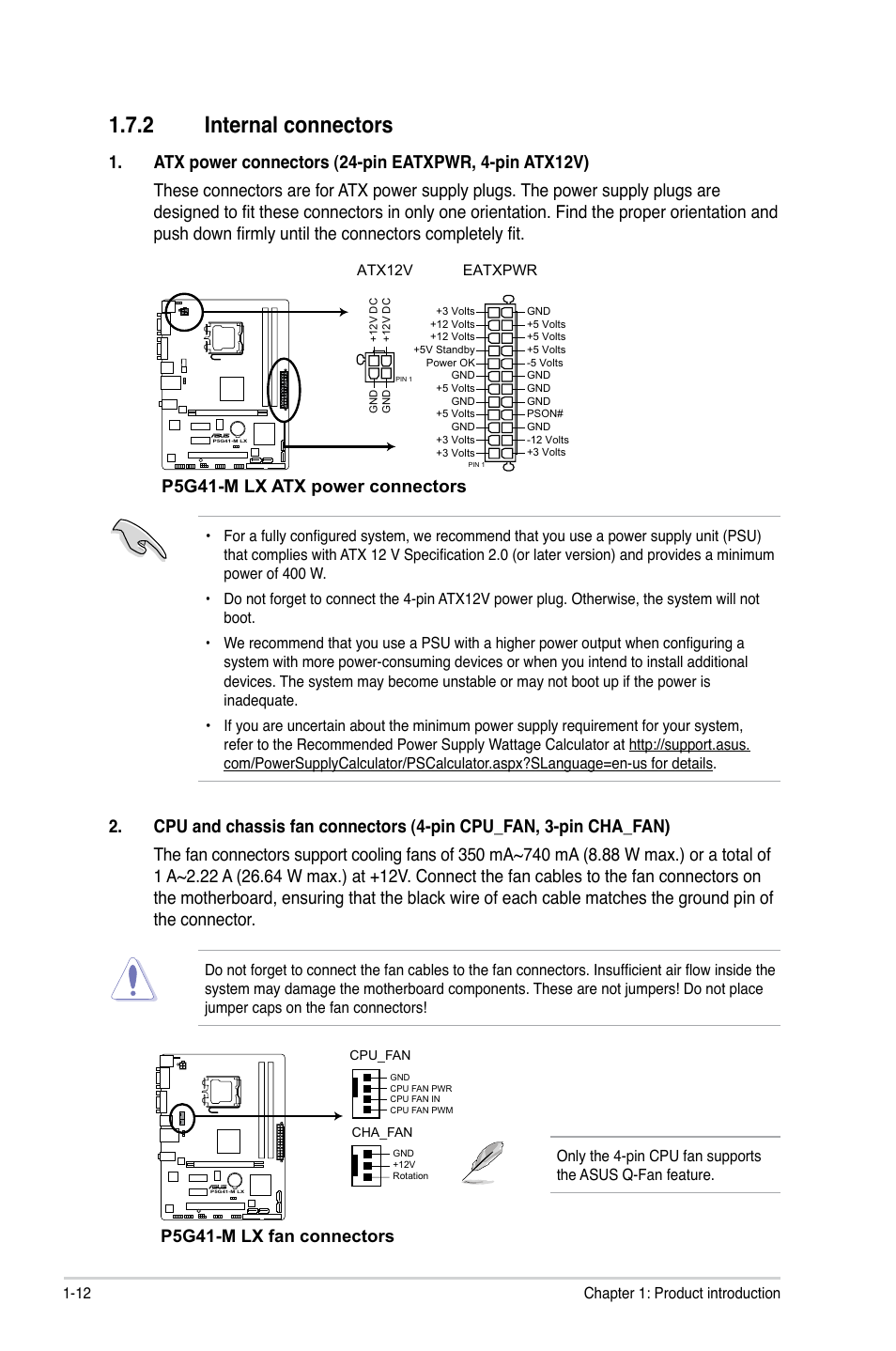 2 internal connectors, Internal connectors -12, P5g41-m lx atx power connectors | P5g41-m lx fan connectors | Asus P5G41-M LX User Manual | Page 21 / 40