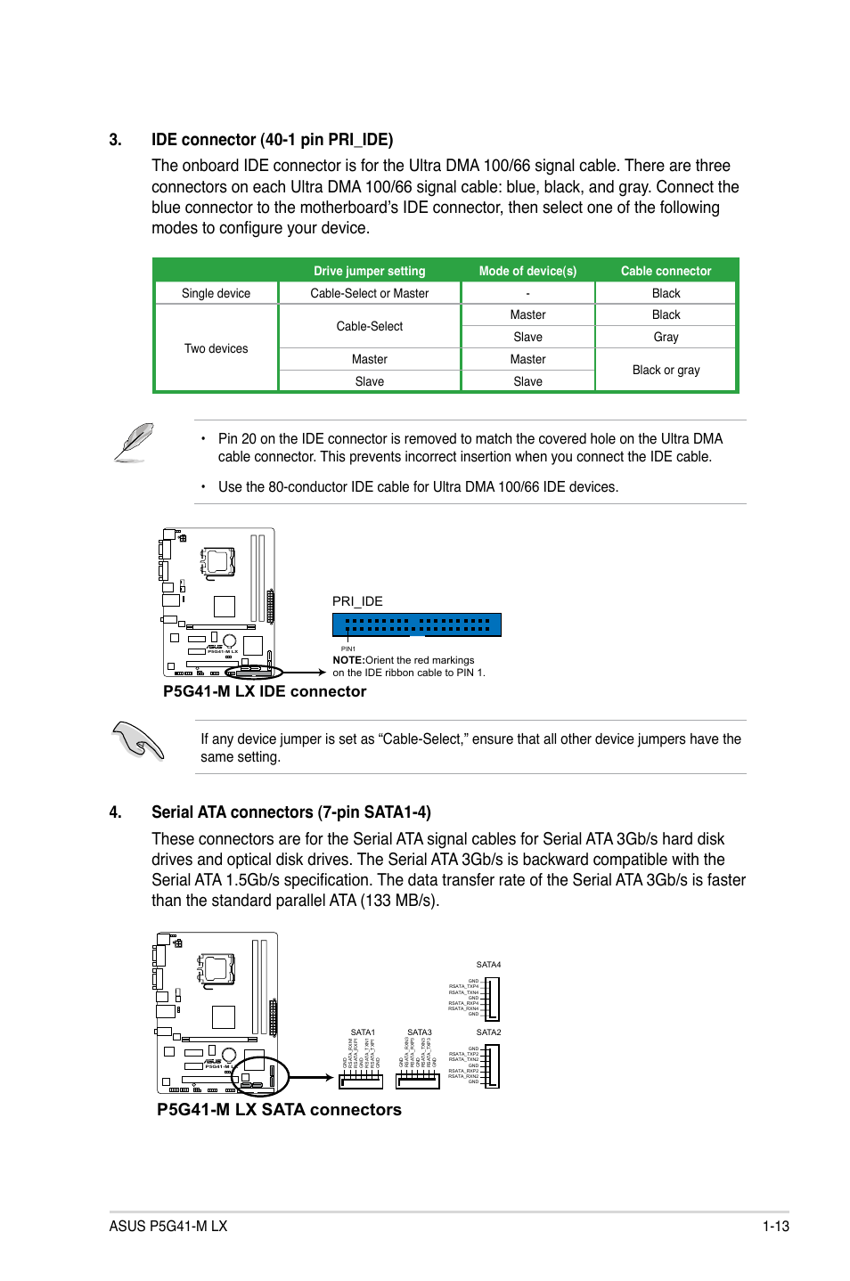 P5g41-m lx sata connectors, P5g41-m lx ide connector, Pri_ide | Asus P5G41-M LX User Manual | Page 22 / 40