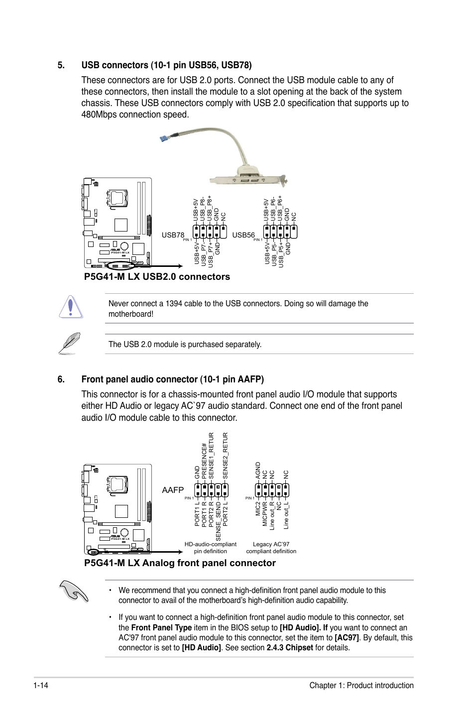 P5g41-m lx analog front panel connector, 14 chapter 1: product introduction, Aafp | Asus P5G41-M LX User Manual | Page 23 / 40