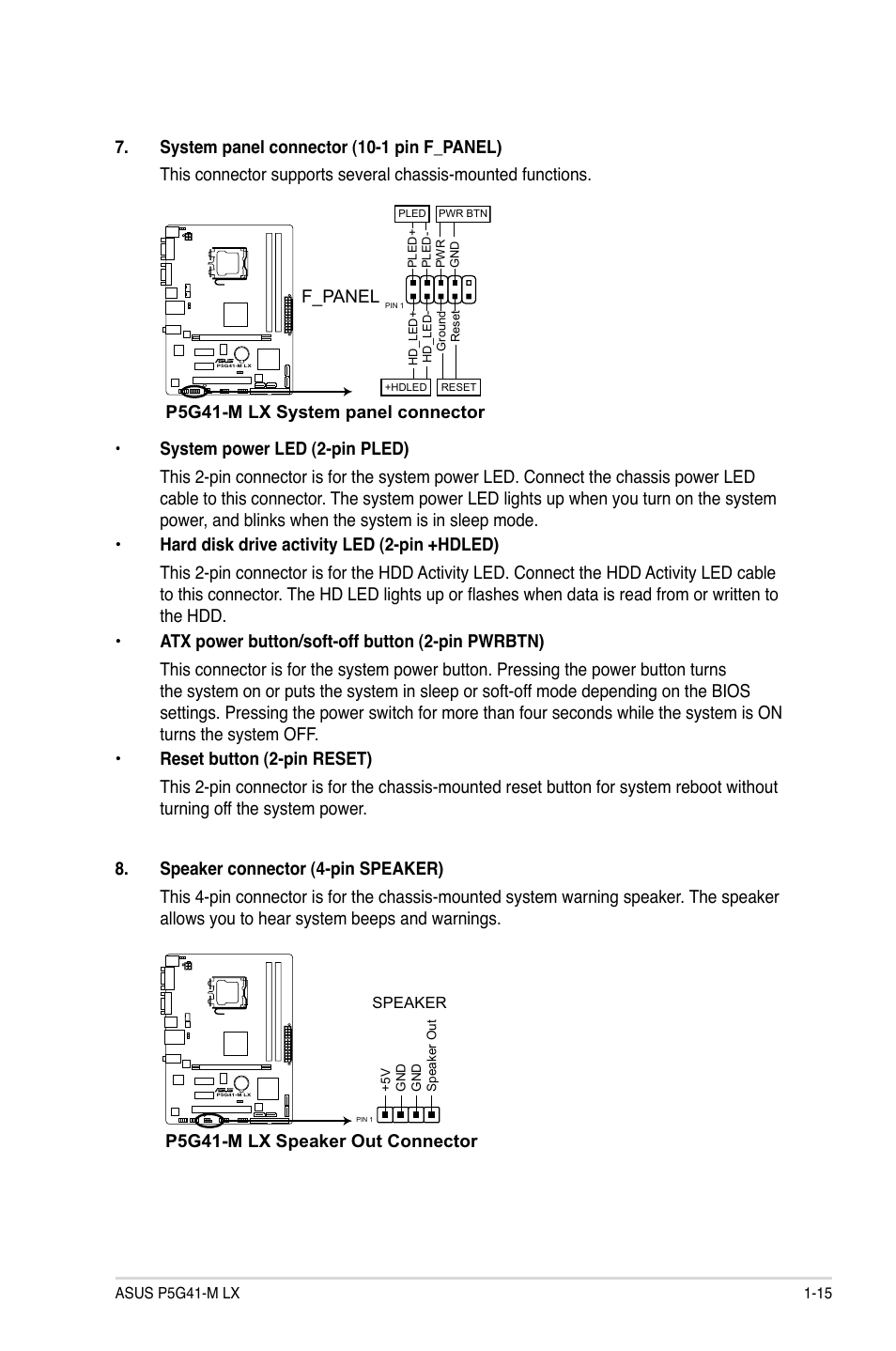 F_panel, P5g41-m lx speaker out connector | Asus P5G41-M LX User Manual | Page 24 / 40