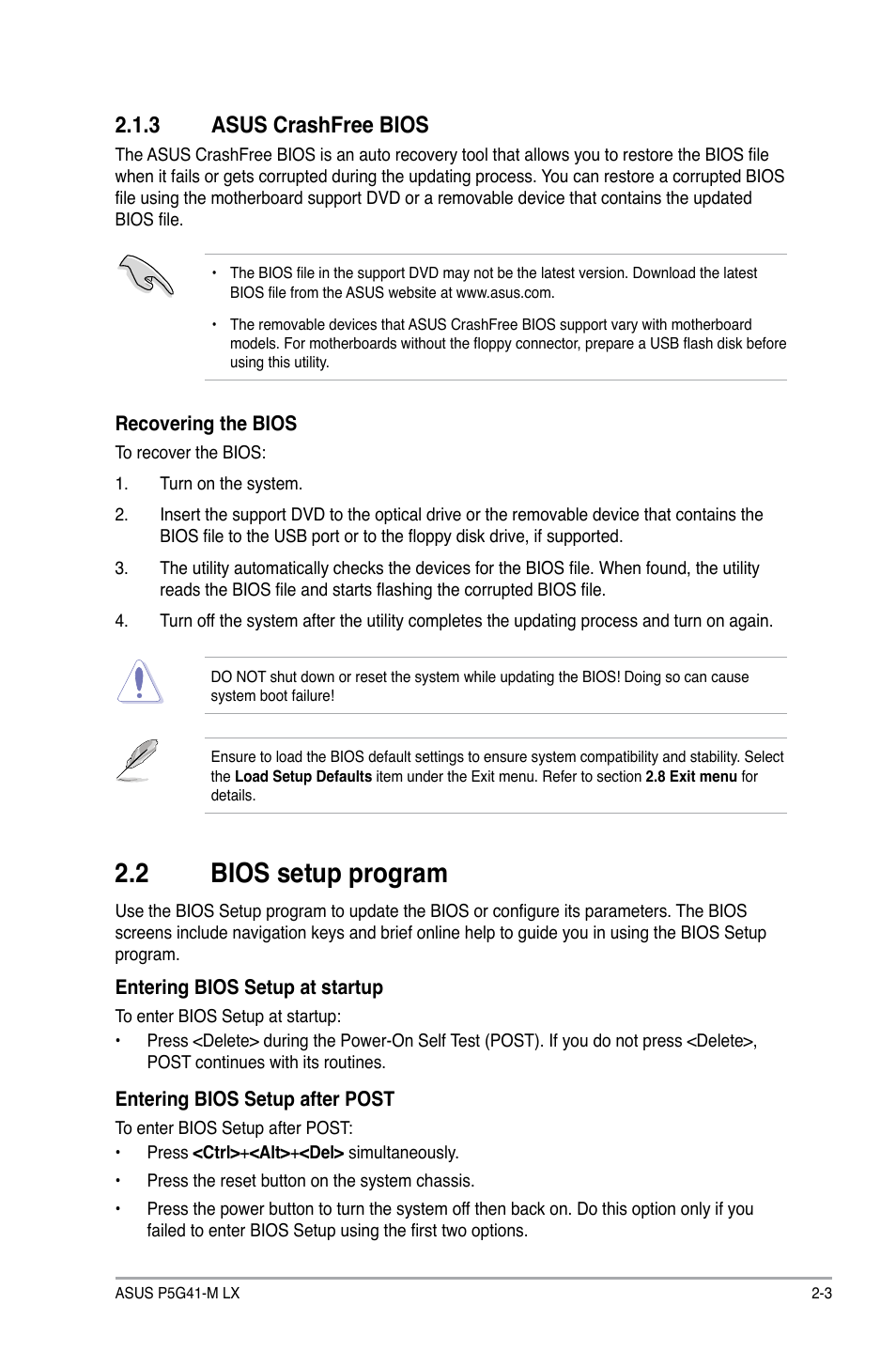 3 asus crashfree bios, 2 bios setup program, Asus crashfree bios -3 | Bios setup program -3 | Asus P5G41-M LX User Manual | Page 28 / 40