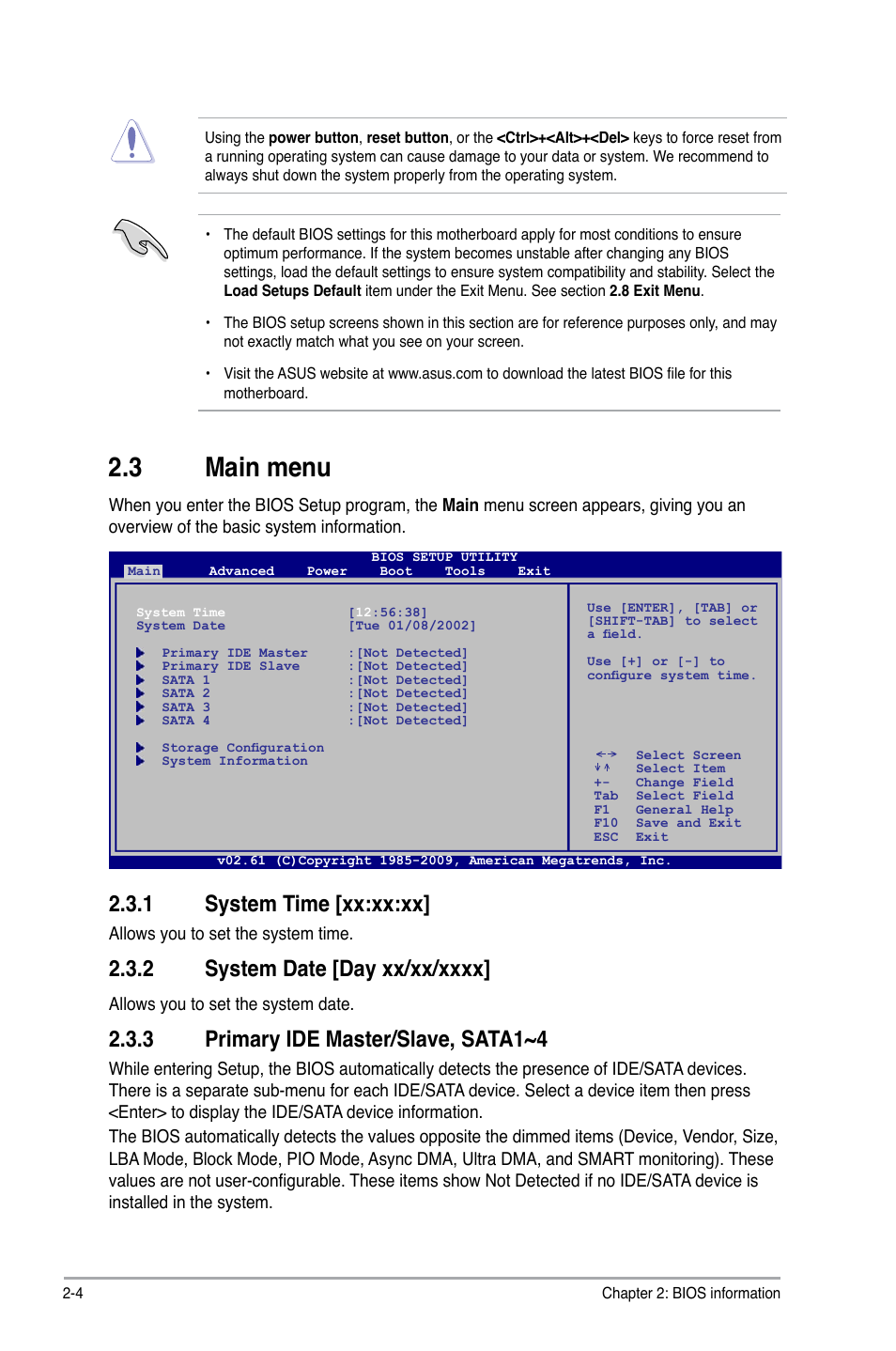 3 main menu, 1 system time, 2 system date | 3 primary ide master/slave, sata1~4, Main menu -4 2.3.1, System time -4, System date -4, Primary ide master/slave, sata1~4 -4, 1 system time [xx:xx:xx | Asus P5G41-M LX User Manual | Page 29 / 40