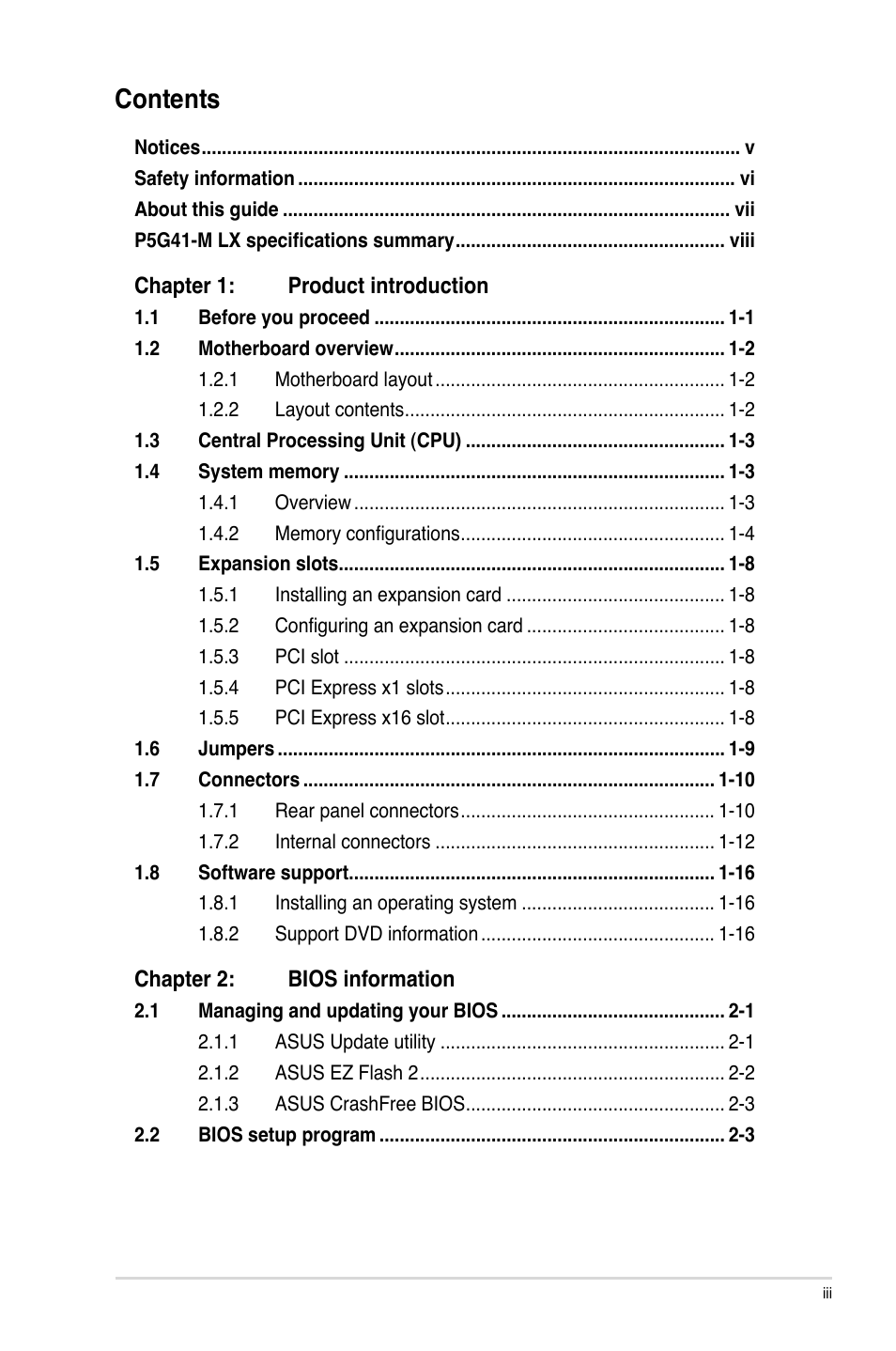 Asus P5G41-M LX User Manual | Page 3 / 40