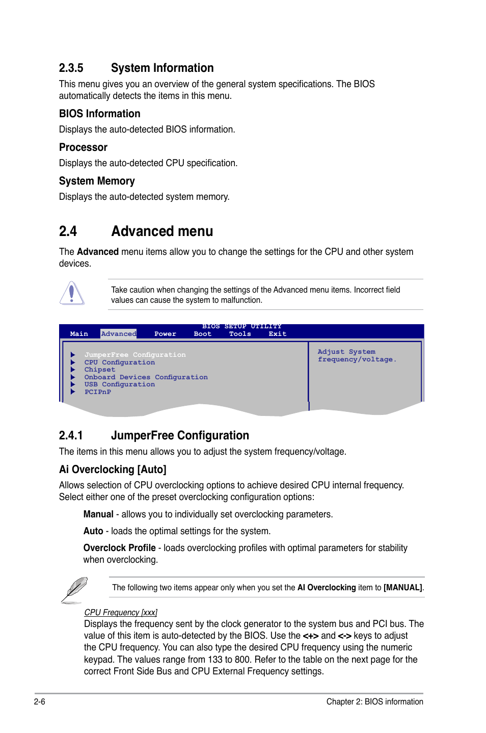 5 system information, 4 advanced menu, 1 jumperfree configuration | System information -6, Advanced menu -6 2.4.1, Jumperfree configuration -6 | Asus P5G41-M LX User Manual | Page 31 / 40