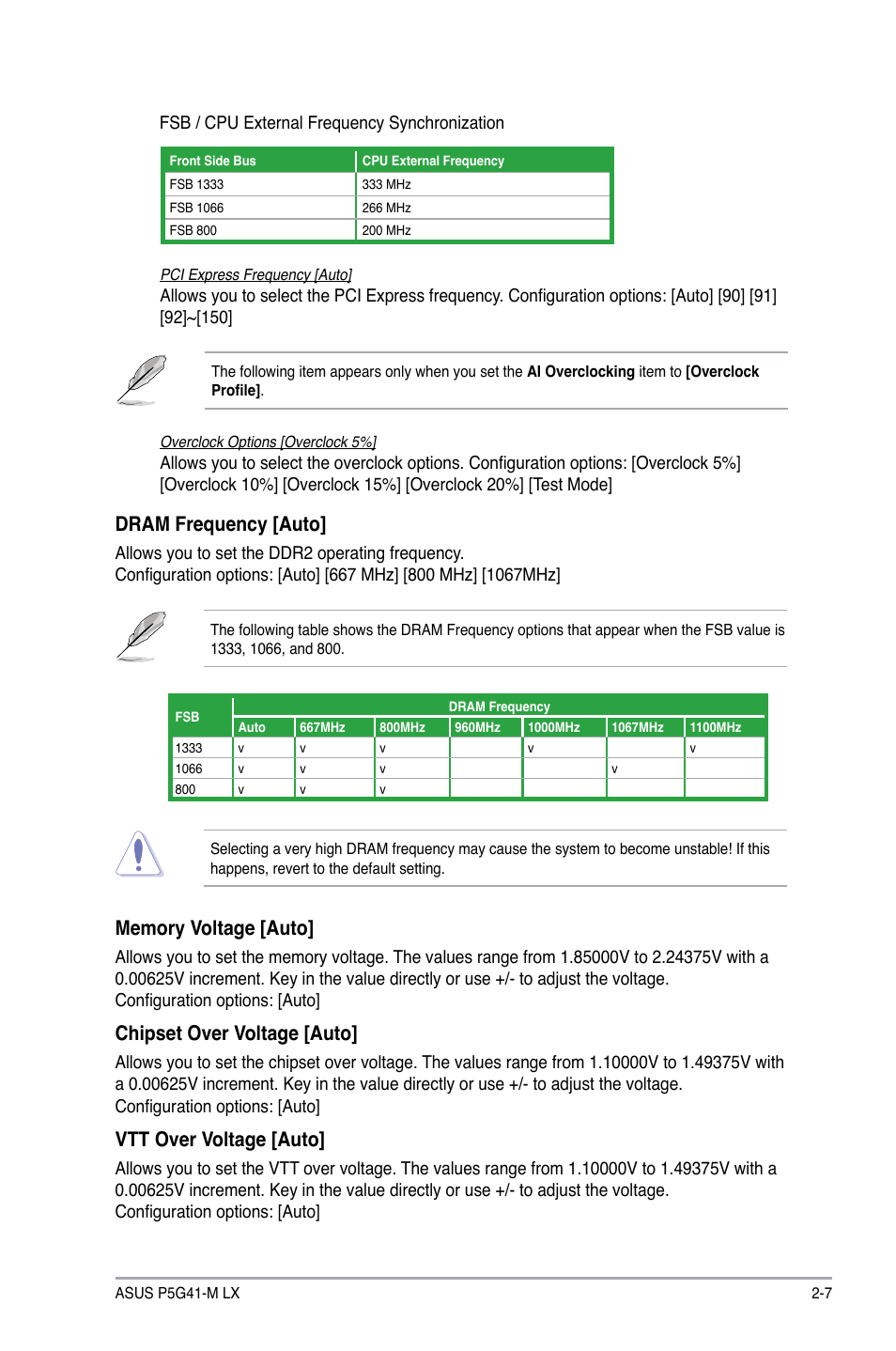 Dram frequency [auto, Chipset over voltage [auto, Vtt over voltage [auto | Asus P5G41-M LX User Manual | Page 32 / 40