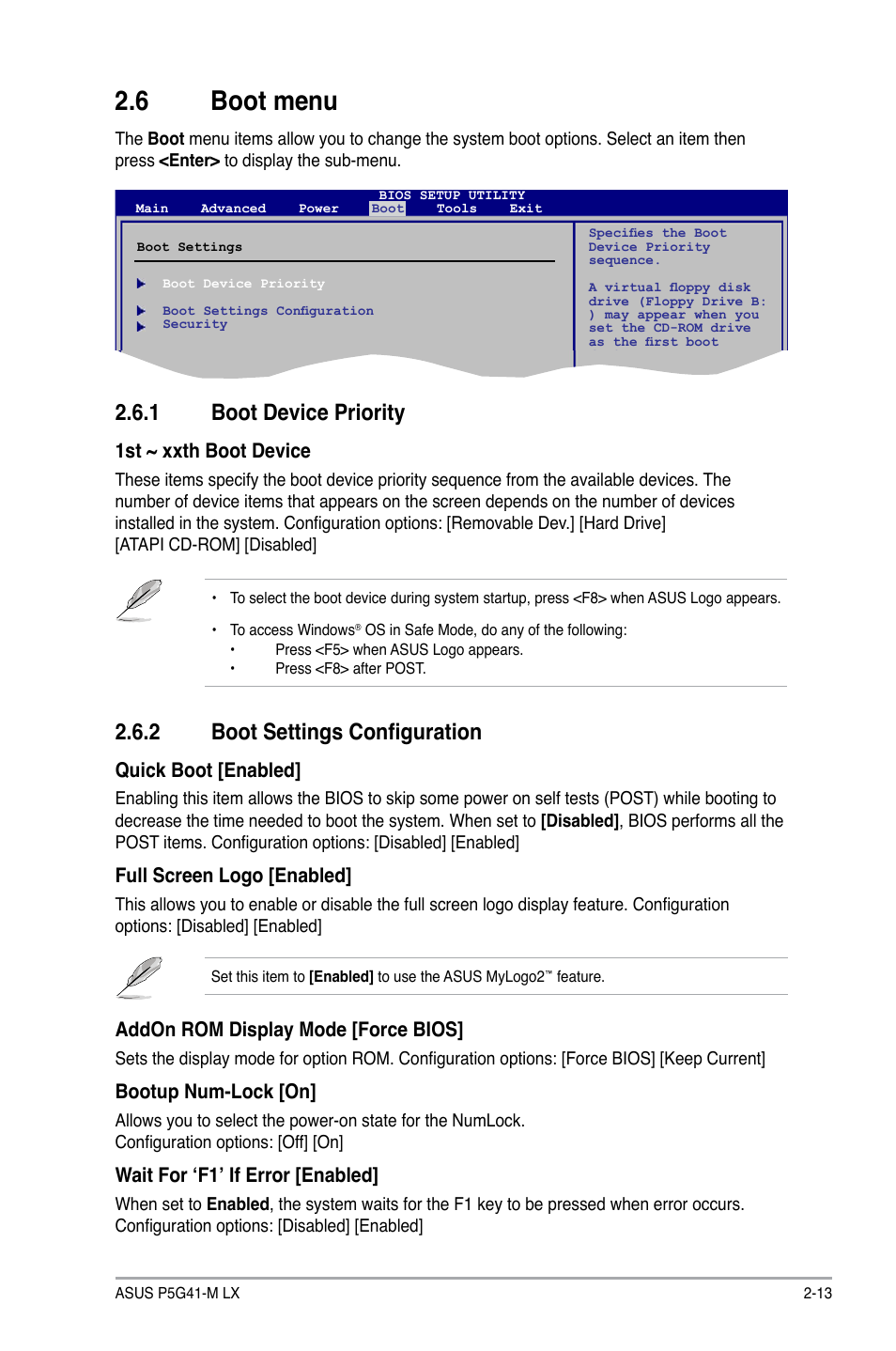 6 boot menu, 1 boot device priority, 2 boot settings configuration | Boot menu -13 2.6.1, Boot device priority -13, Boot settings configuration -13, 1st ~ xxth boot device, Quick boot [enabled, Full screen logo [enabled, Addon rom display mode [force bios | Asus P5G41-M LX User Manual | Page 38 / 40