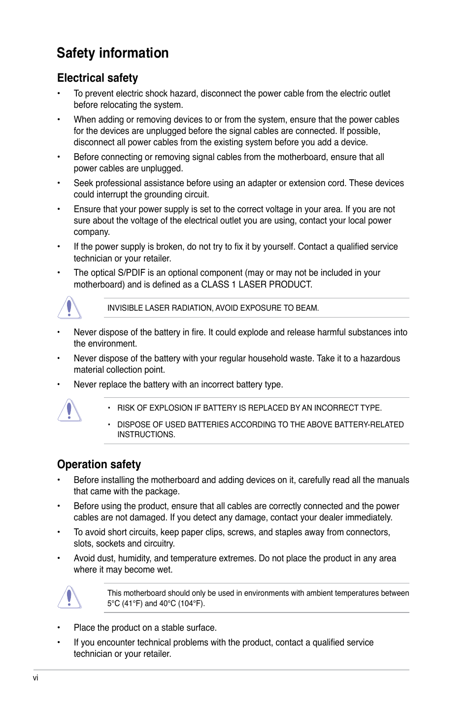 Safety information, Electrical safety, Operation safety | Asus P5G41-M LX User Manual | Page 6 / 40